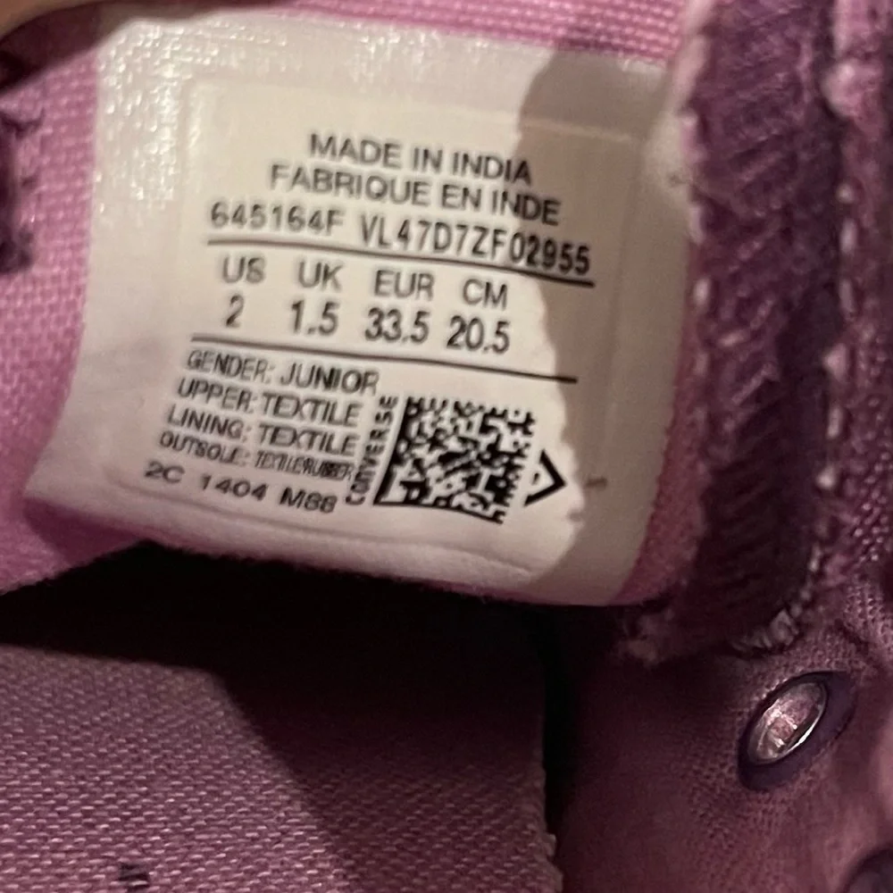 Converse All Star Glitter Sneakers Girls Size 2 Purple Double Tong